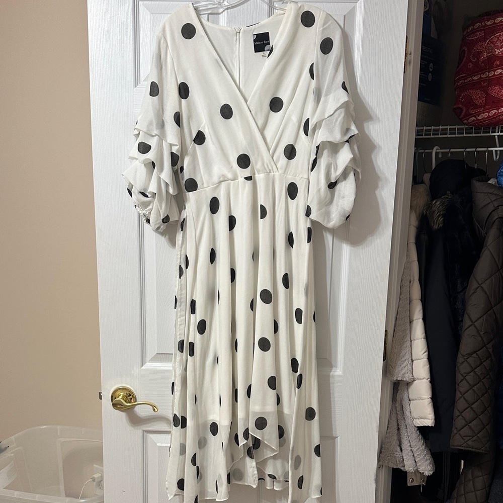 Maison Tara Asymmetrical White Dress with Black Polka Dots